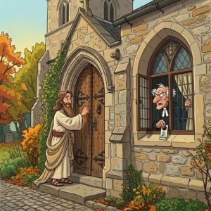 Man in biblical robe knocking on church door with priest looking out window