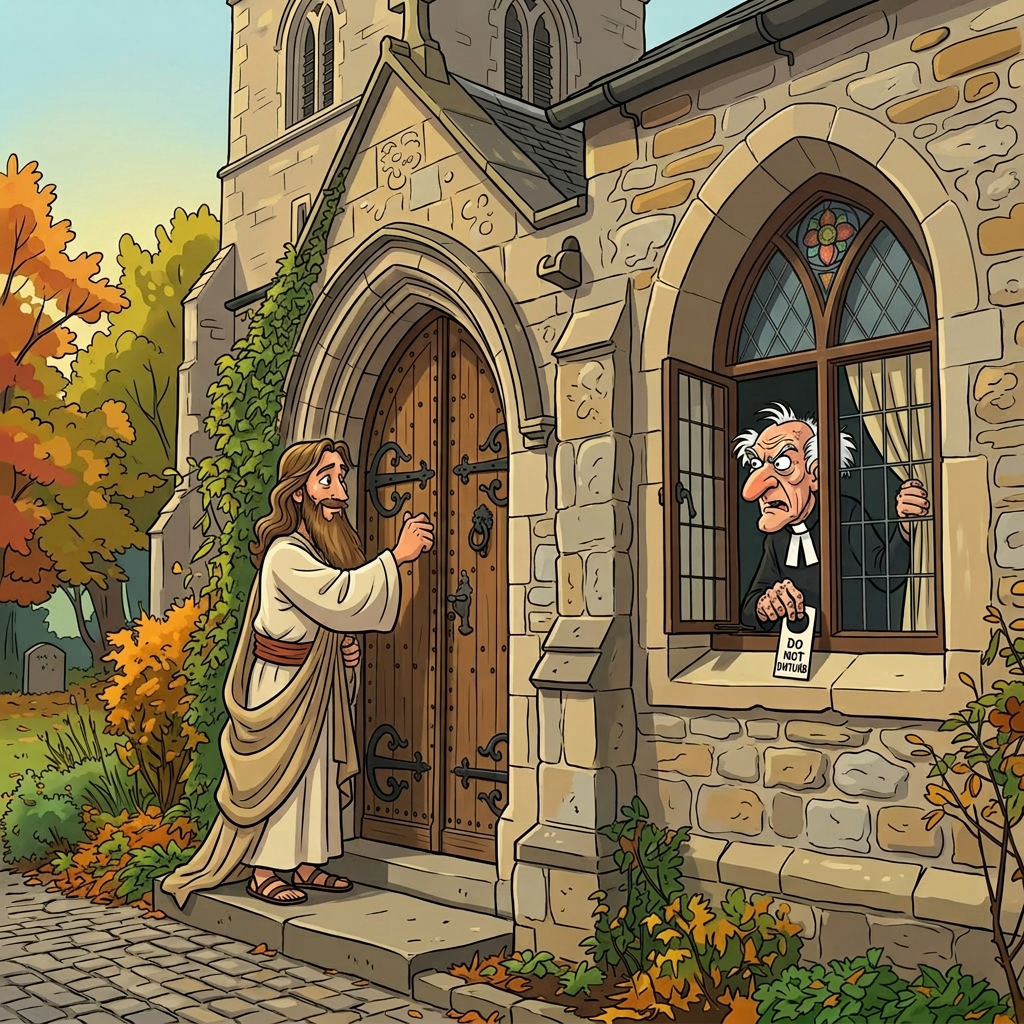 Man in biblical robe knocking on church door with priest looking out window